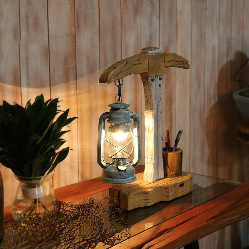 Mesa en forma de cabeza de cabeza Lámpara de noche de madera de beige costero con contenedor de lápiz