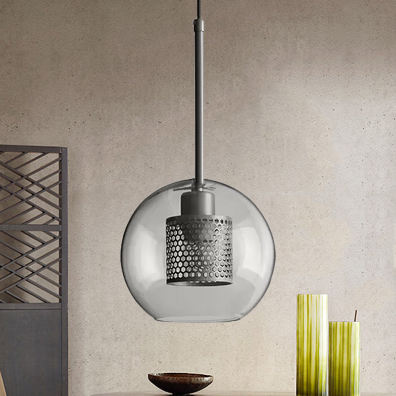 Cylindrical Bedroom Suspension Light Colonial Metal Mesh 1 Bulb Bronze/Silver Gray Pendant with Clear Glass Shade, 8"/9.5"/12" W