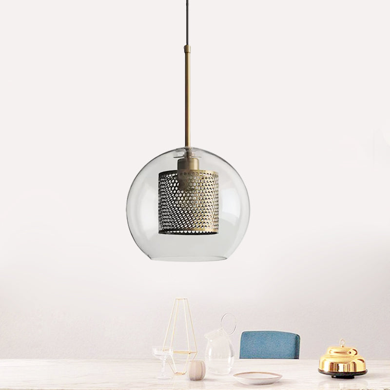 Cylindrical Bedroom Suspension Light Colonial Metal Mesh 1 Bulb Bronze/Silver Gray Pendant with Clear Glass Shade, 8"/9.5"/12" W