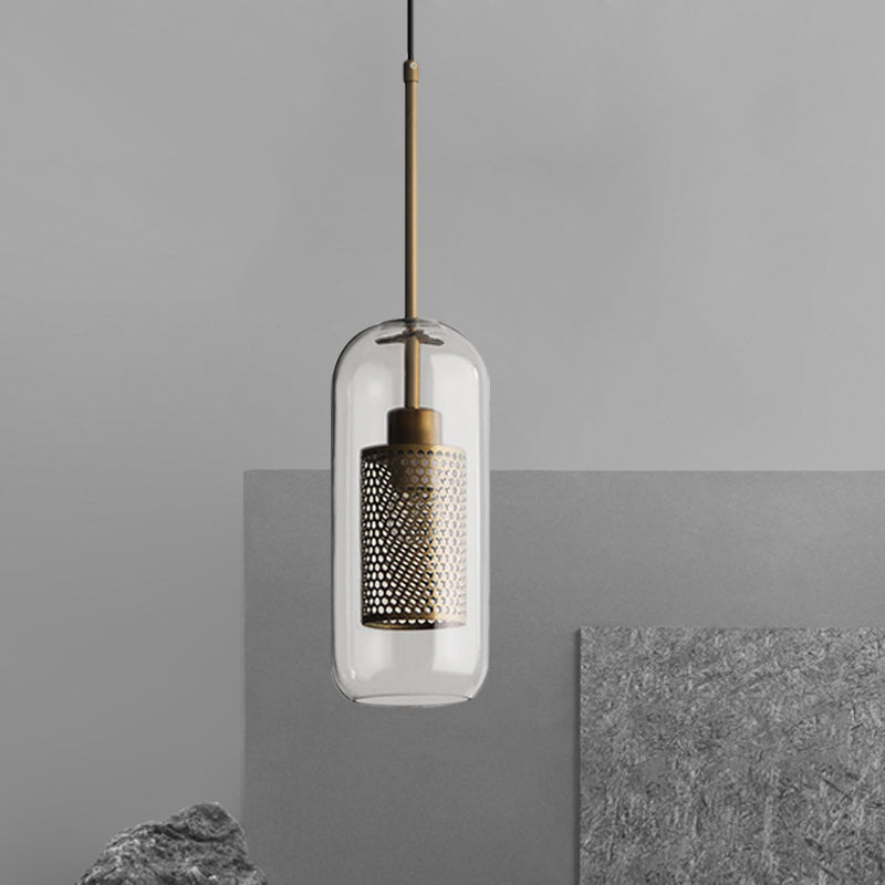 Bronze 1-Head Hanging Lamp Colonial Metal Mesh Cylindrical Pendant with Clear Glass Shade, 20.5"/24.5" Tall
