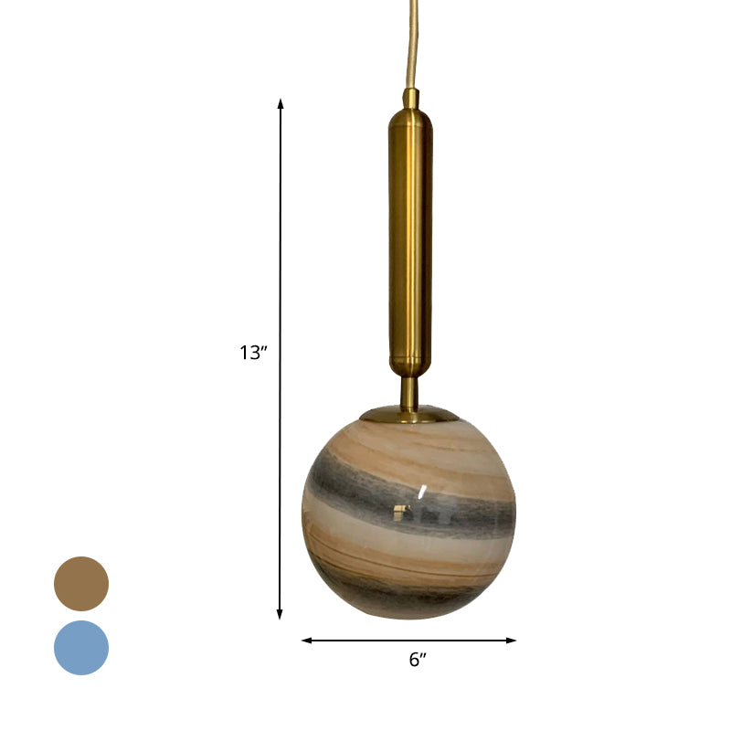 1-Bulb Bedroom Drop Lamp Modern Brass Pendant Lighting Fixture with Ball Tan/Blue Glass Shade