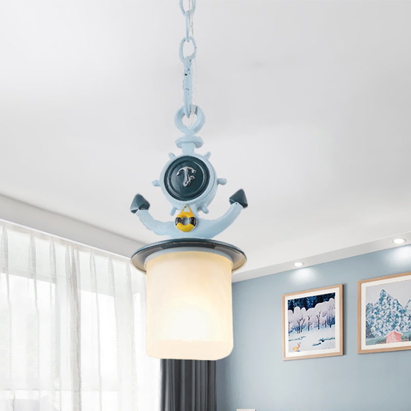 Cilinder Frosted Glass Pendant Light Kids 1 kop Blue Suspension Lamp met ankerontwerp voor woonkamer