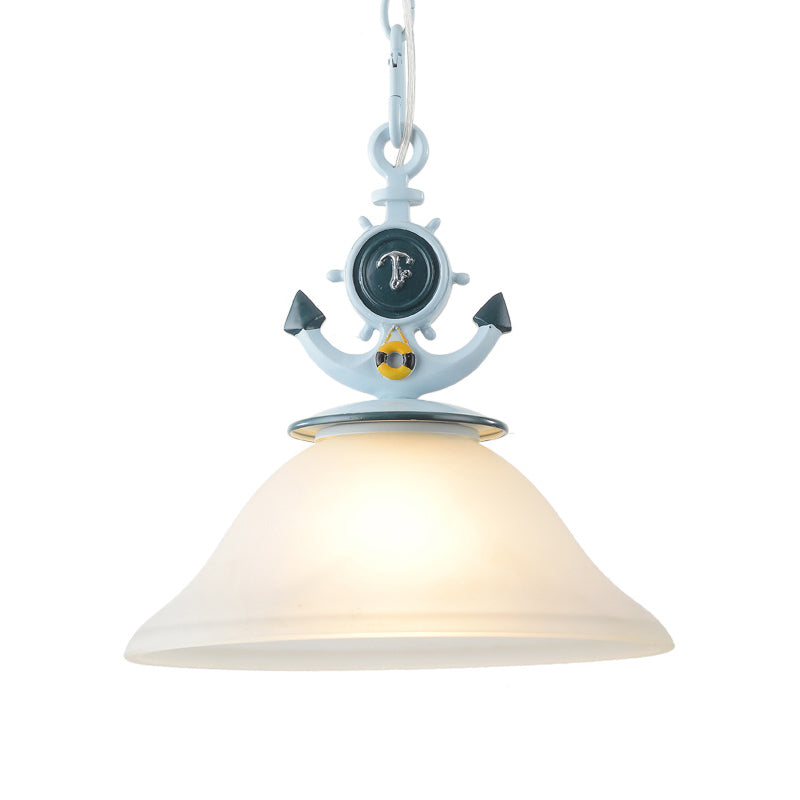 Frosted Glass Bell Hanging Light Kids 1 Light Blue Suspended Lighting Fixture with Anchor Decoration