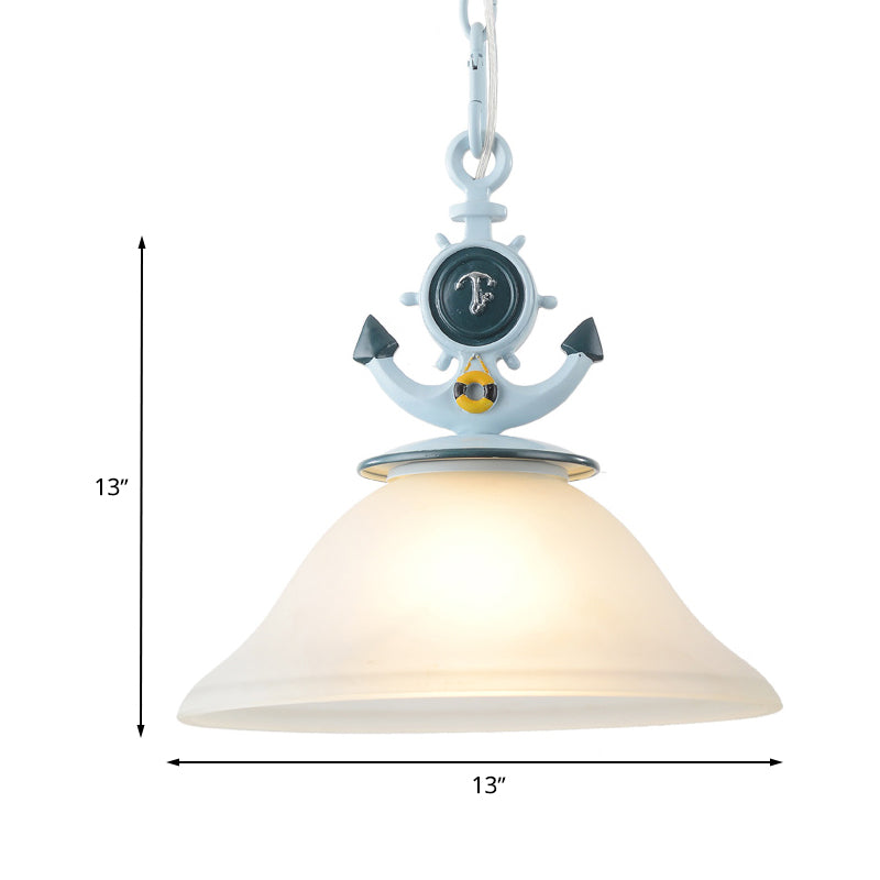 Frosted Glass Bell Hanging Light Kids 1 lichtblauw gesuspendeerd verlichtingsarmatuur met ankerdecoratie
