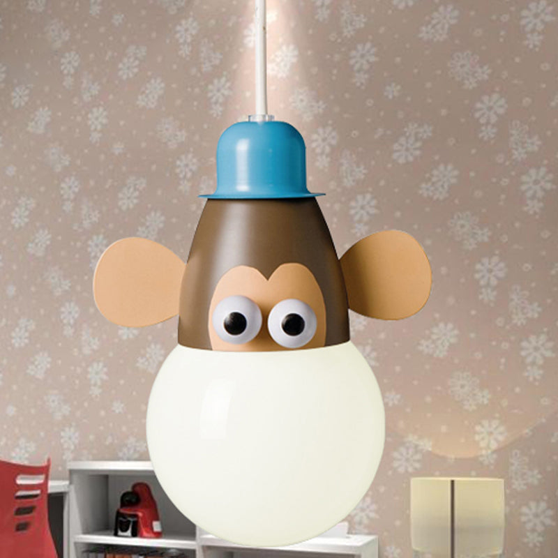 Kids Horse/Giraffe/Monkey Pendant Lamp White Glass 1-Head Children Bedroom Suspended Lighting Fixture
