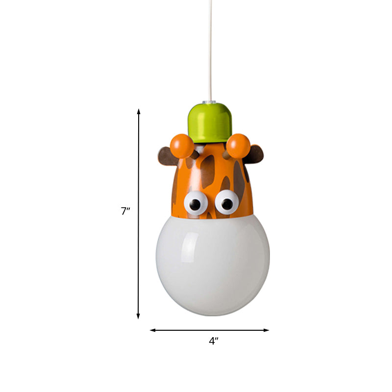 Kids Horse/Giraffe/Monkey Pendant Lamp White Glass 1-Head Children Bedroom Suspended Lighting Fixture