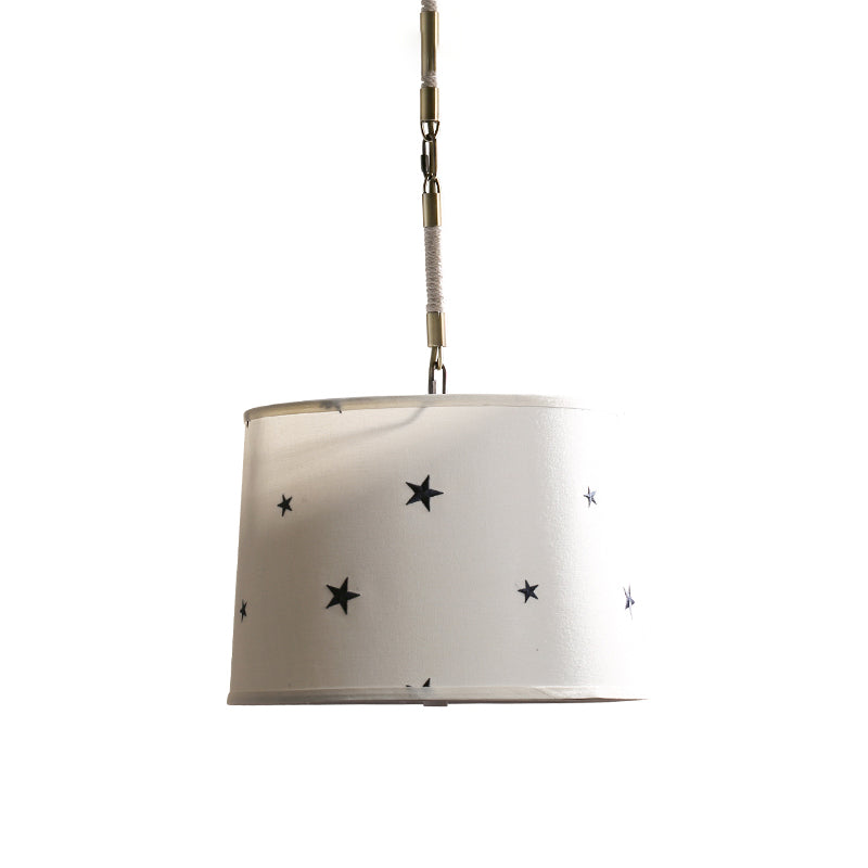 Drum Fabric Chandelier Light Fixture Kids 5 Bulbs Beige Suspension Lighting with Star Pattern for Bedroom