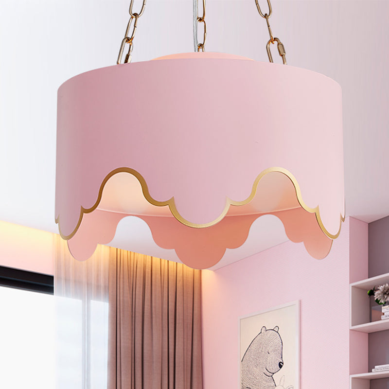 Drum Pendant Ceiling Light Kids Iron 1 Bulb Pink Suspension Lamp with Ruffled Edge for Nursery