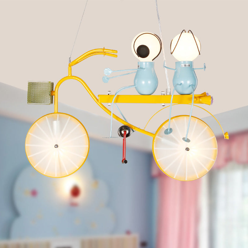 Metal Bicycle Chandelier Lamp Kids LED Yellow Hanging Pendant Light with Frosted Glass Shade