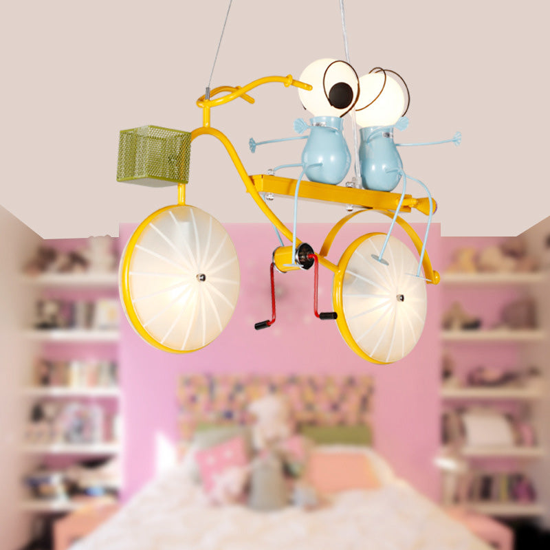 Metal Bicycle Chandelier Lamp Kids LED Yellow Hanging Pendant Light with Frosted Glass Shade