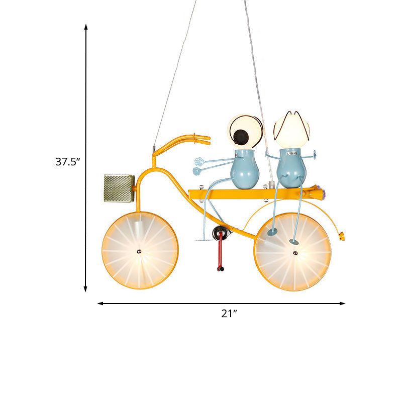 Metal Bicycle Chandelier Lamp Kids LED Yellow Hanging Pendant Light with Frosted Glass Shade