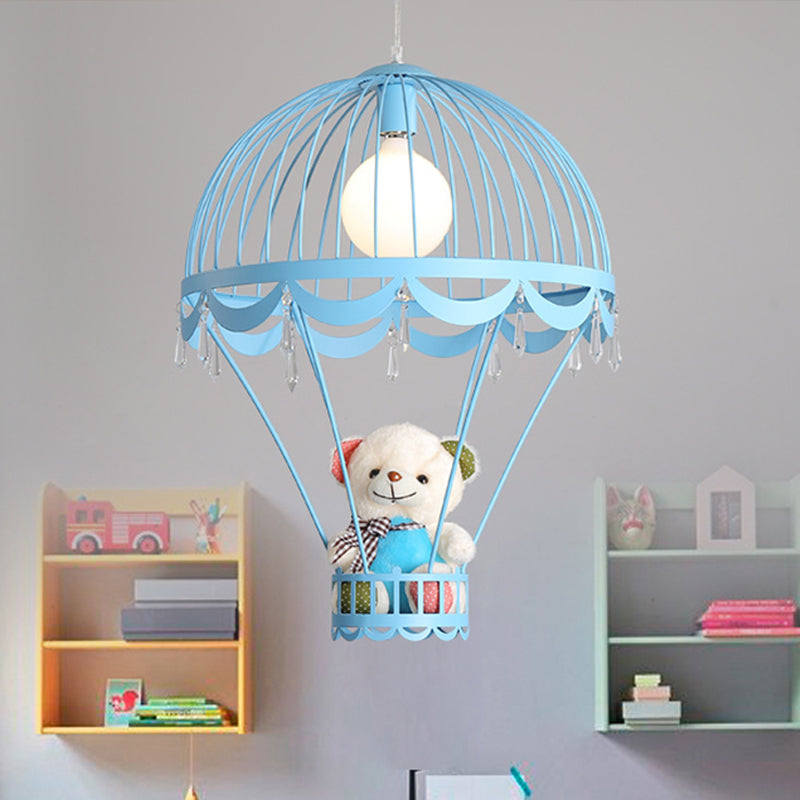 Hot Air Balloon Ceiling Light Kids Iron 1 Light Pink/Blue Hanging Pendant Lamp with Bear Decoration