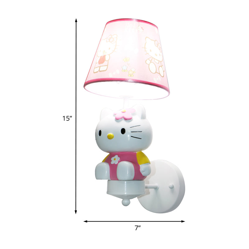 Cute Kitty Girl's Room Wall Lighting Resin Single Cartoon Sconce Fixture in Pink with Tapered Fabric Shade