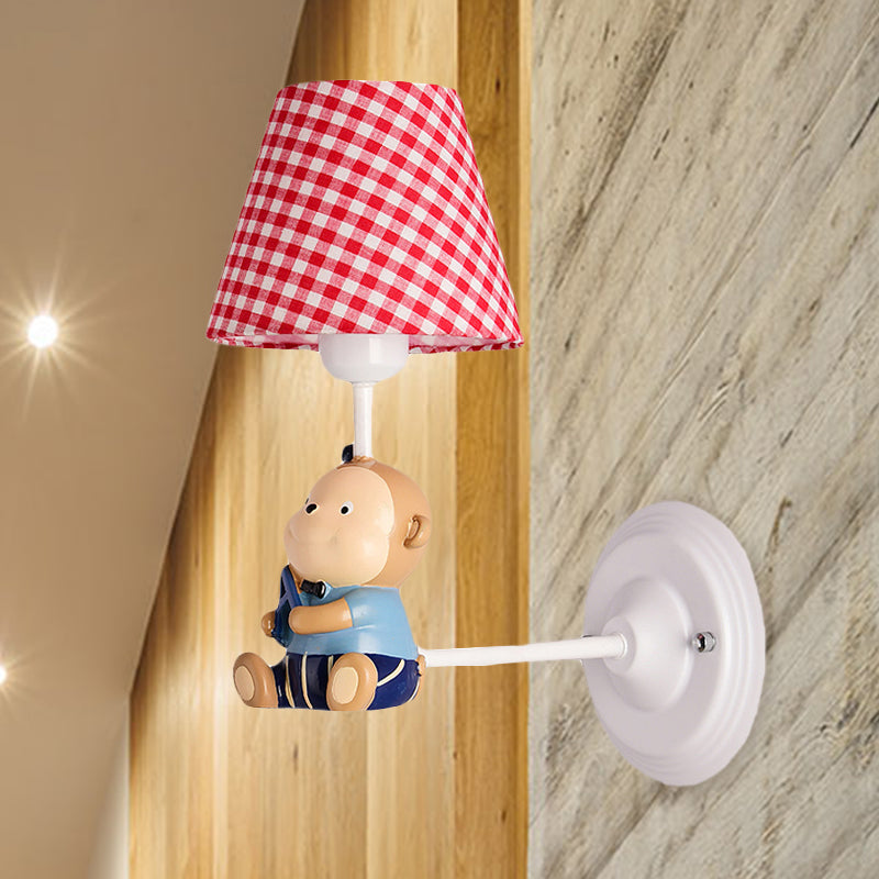 Cone Kids Bedside Wall Mounted Light Fabric 1 Light Cartoon Sconce Ideas in Blue/Red with Little Bear Decor