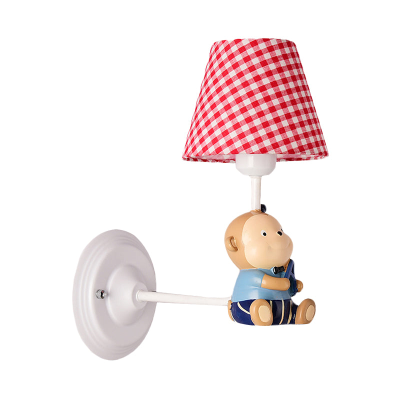 Cone Kids Bedside Wall Mounted Light Fabric 1 Light Cartoon Sconce Ideas in Blue/Red with Little Bear Decor
