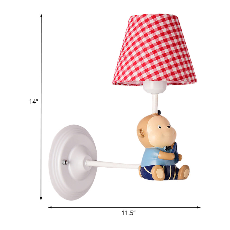Cone Kids Bedside Wall Mounted Light Fabric 1 Light Cartoon Sconce Ideas in Blue/Red with Little Bear Decor