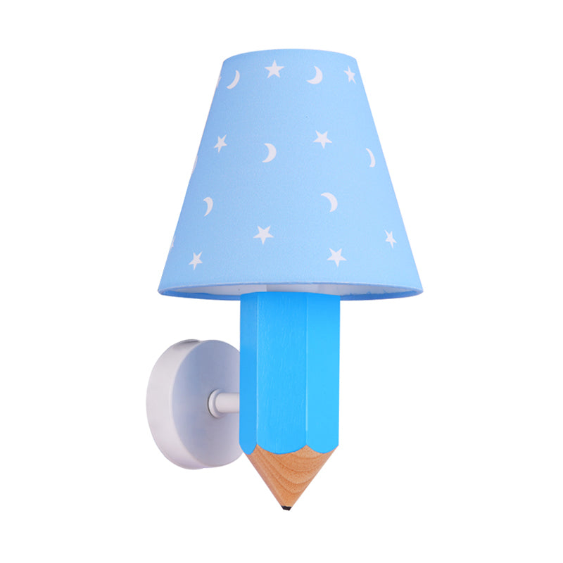 Luz de madera para niños Luz de pared de madera ideas de apliques de una sola bombilla con sombra de lámpara cónica en azul