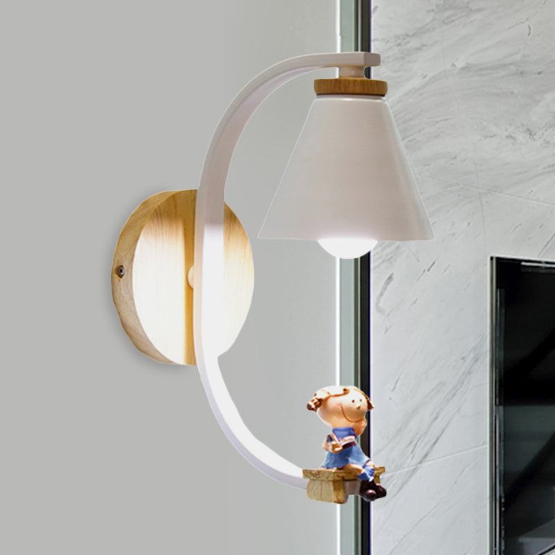 Tapered Iron Wall Mount Lamp Cartoon 1 Light Pink/Blue and Wood Sconce Light with Moon/Portrait Decor