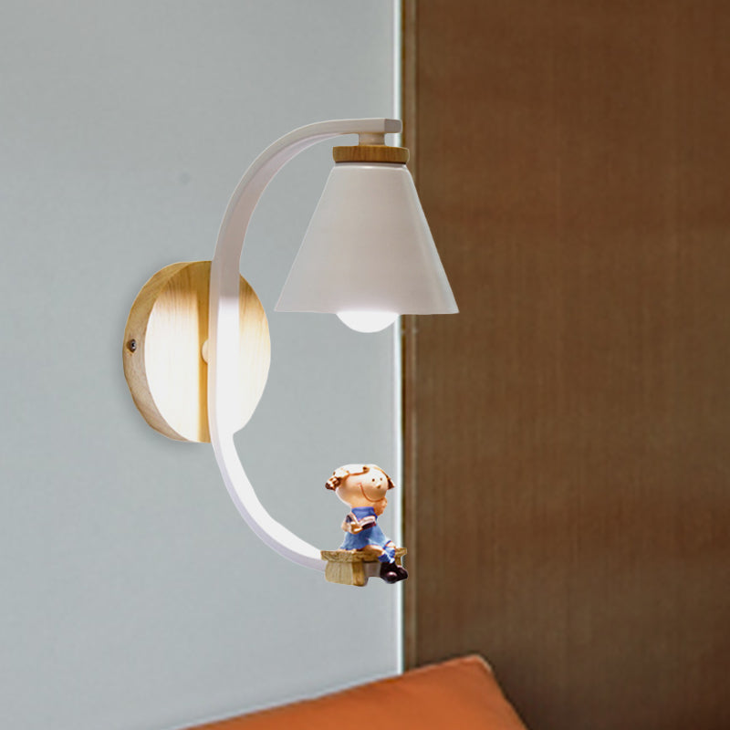 Tapered Iron Wall Mount Lamp Cartoon 1 Light Pink/Blue and Wood Sconce Light with Moon/Portrait Decor