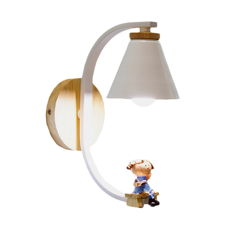 Tapered Iron Wall Mount Lamp Cartoon 1 Light Pink/Blue and Wood Sconce Light with Moon/Portrait Decor