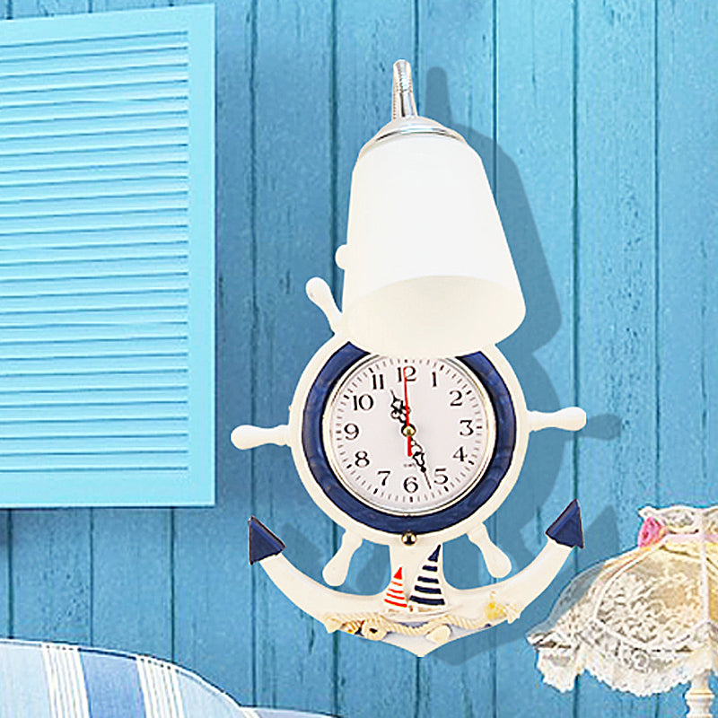 Kids 1 Bulb Sconce Lighting Wood White-Blue Flexible Gooseneck Wall Light with Glass Shade and Clock-Rudder Decoration