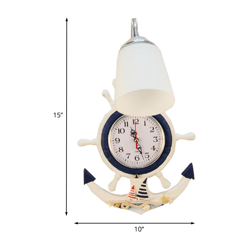 Niños 1 iluminación de apliques de bombilla Madera blanca azul flexible cuello de cuello luz de pared con sombra de vidrio y decoración del reloj de reloj