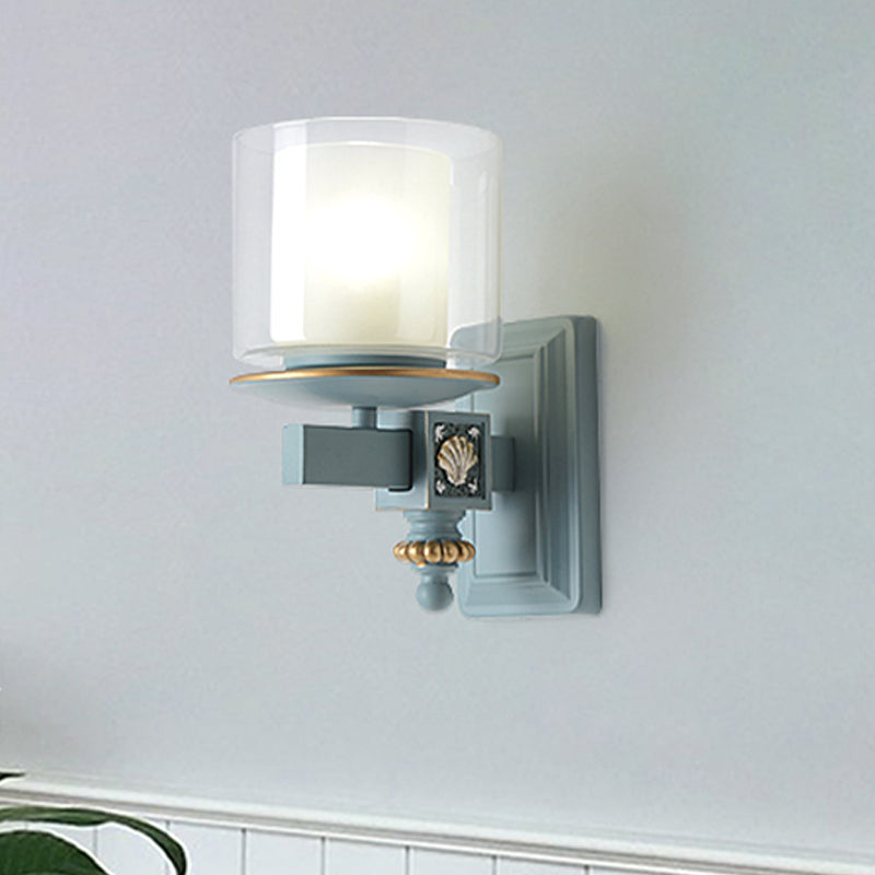 Kids 2 tonos Copa de la lámpara de pared Kit de vidrio transparente y helado 1 cabezal de la habitación del niño con el cielo/agua del brazo azul