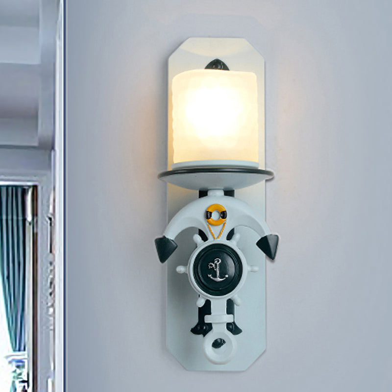 Opal Glass Cylinder Sconce Fixture Kids 1/2-Bulb Water Blue Wall Mounted Lamp with Anchor Shaped Arm