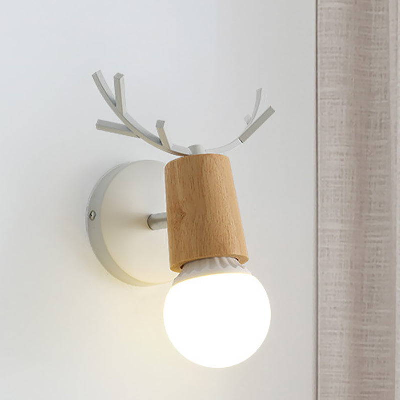 Nordic Shadeless Rotatable Wall Lamp Wood 1 Head Bedroom Sconce Lighting in Black/White with Antler Top
