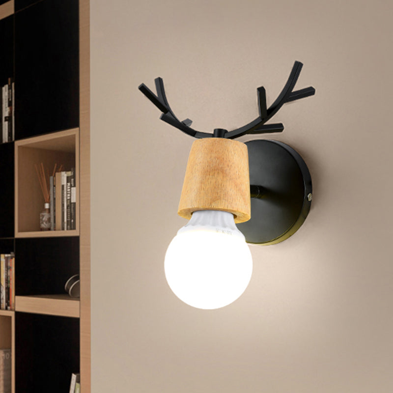 Nordic Shadeless Rotatable Wall Lamp Wood 1 Head Bedroom Sconce Lighting in Black/White with Antler Top
