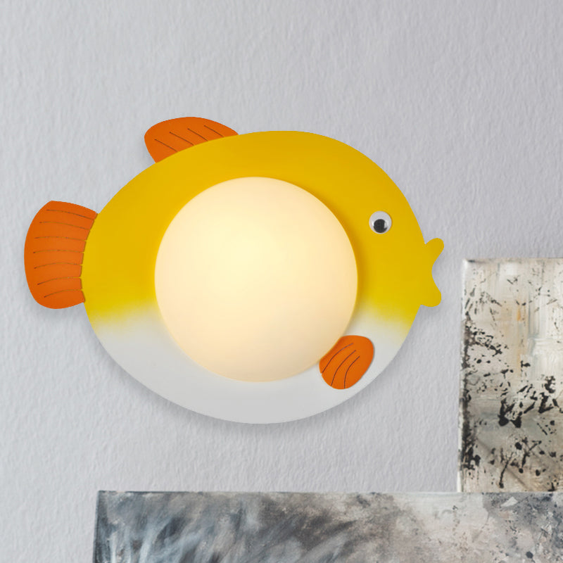 Frosted White Glass Mini Sphere Sconce Kids Blue/Yellow LED Wall Light Fixture with Fish Backplate, Warm/White Light