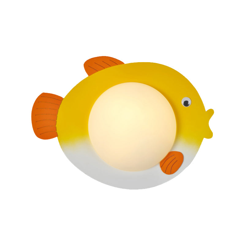 Frosted White Glass Mini Sphere Sconce Kids Blue/Yellow LED Wall Light Fixture with Fish Backplate, Warm/White Light