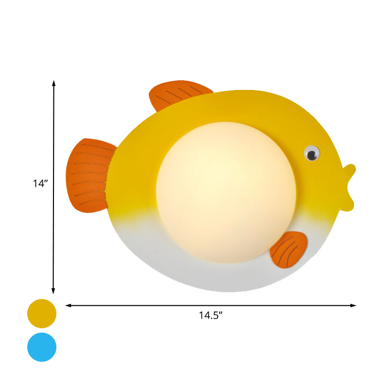 Frosted White Glass Mini Sphere Sconce Kids Blue/Yellow LED Wall Light Fixture with Fish Backplate, Warm/White Light