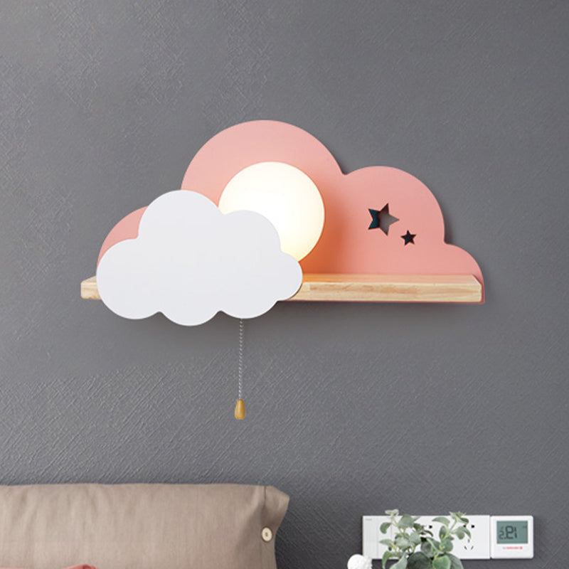 Luz de pared de la cadena de glóbulos Macaron ópalos esbelto de vidrio helado de color rosa/gris/blanco con diseño de nubes y estante de madera