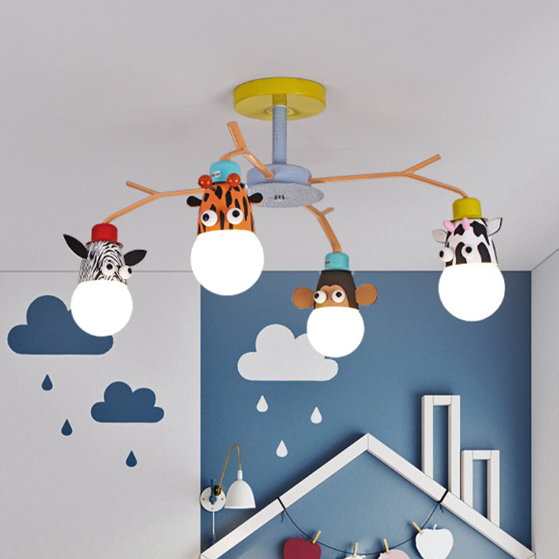 White Glass Animal Ceiling Light Kids 4 Bulbs Yellow Semi Flush Mount Lighting for Nursery