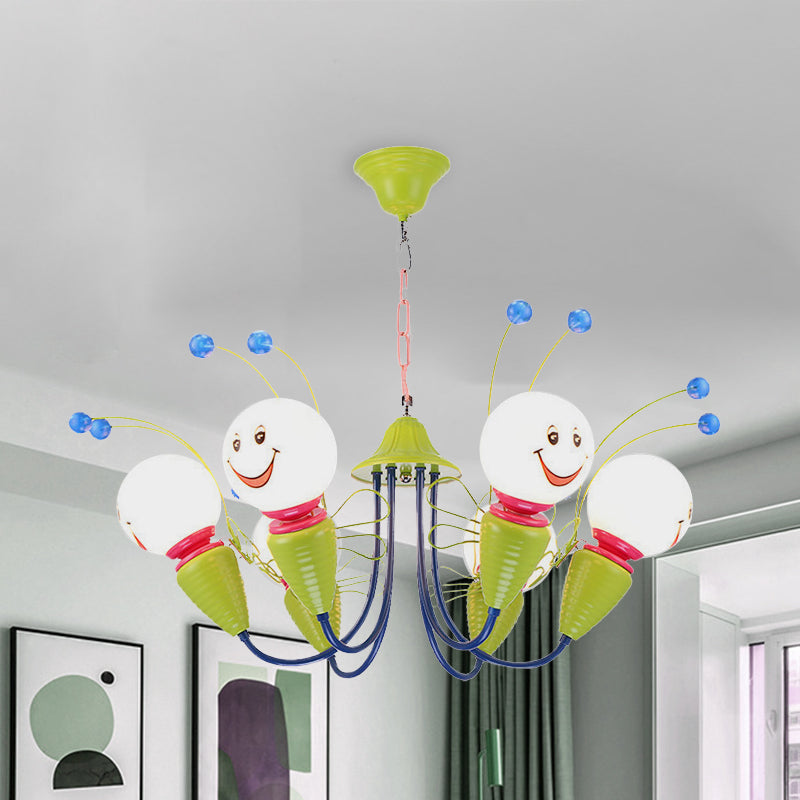 Metal Cartoon Bee Chandelier Light Kids 4/6 Heads Green Ceiling Suspension Lamp for Bedroom