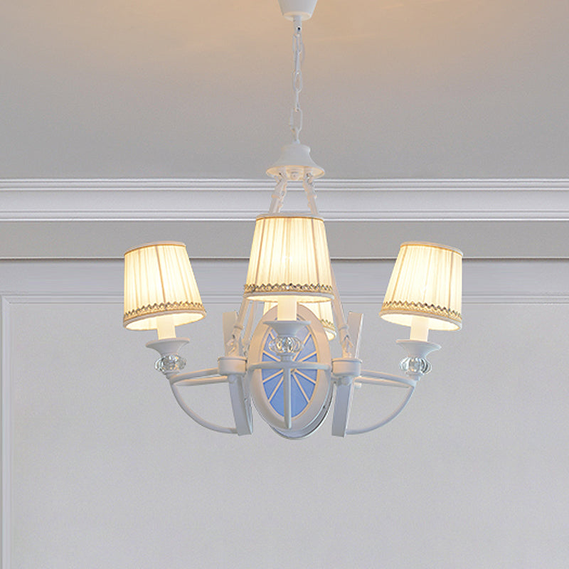 White Bucket Chandelier Lamp Mediterranean 4 Lights Fabric Drop Pendant with Oval Resin Design