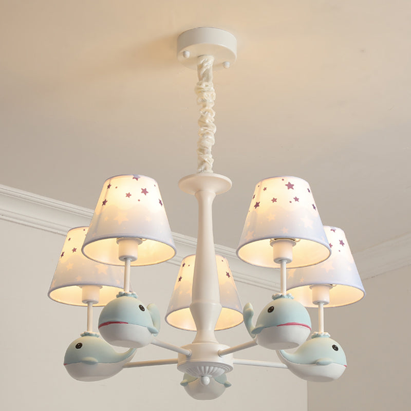 Kids Whale Resin Chandelier Lighting 5 Bulbs Pendant Ceiling Light in Blue with Conical Fabric Shade