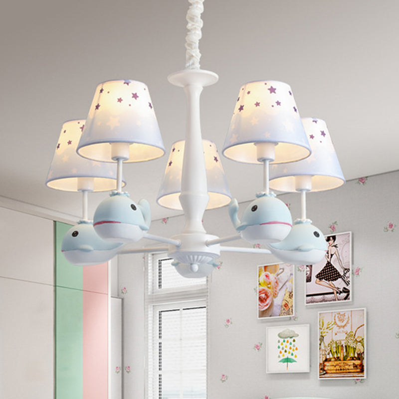 Kids Whale Resin Chandelier Lighting 5 Bulbs Pendant Ceiling Light in Blue with Conical Fabric Shade