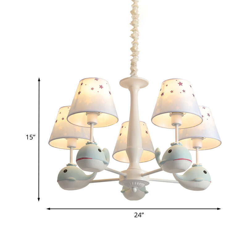 Kids Whale Resin Chandelier Lighting 5 Bulbs Pendant Ceiling Light in Blue with Conical Fabric Shade