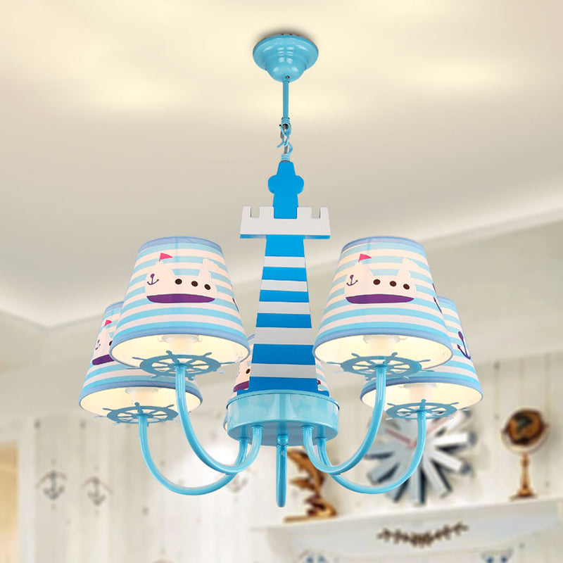 Mediterranean Tapered Fabric Chandelier 5 Bulbs Ceiling Pendant Light in Blue with Boat Pattern