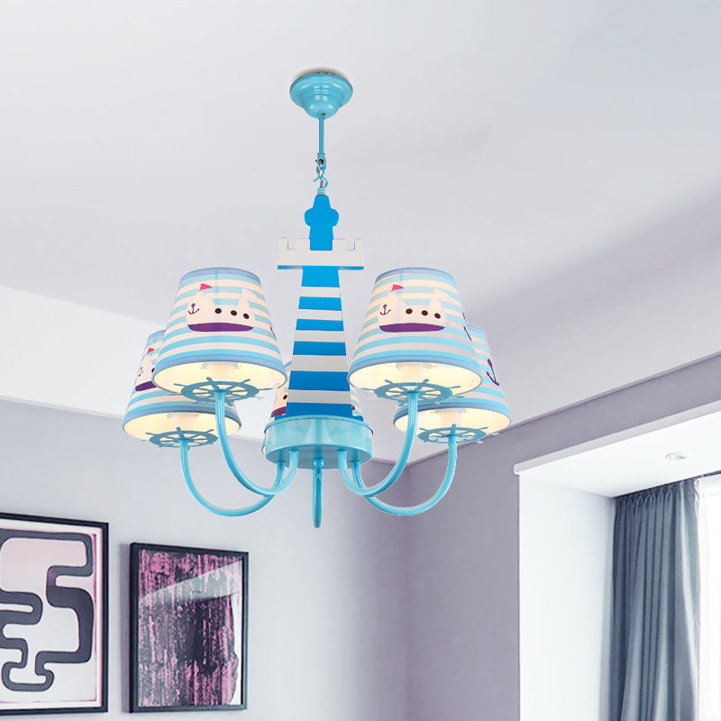 Mediterranean Tapered Fabric Chandelier 5 Bulbs Ceiling Pendant Light in Blue with Boat Pattern