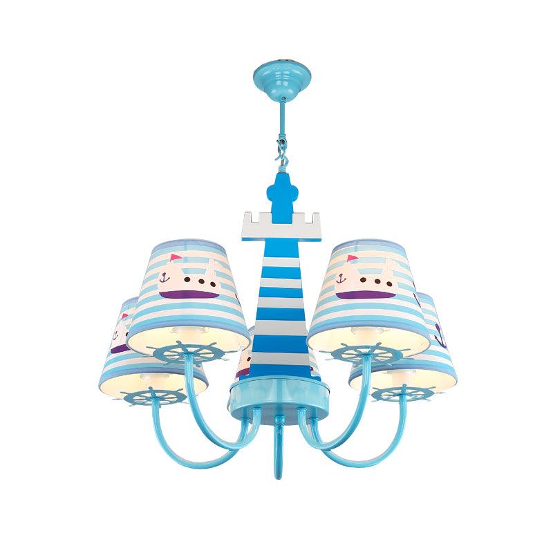 Mediterranean Tapered Fabric Chandelier 5 Bulbs Ceiling Pendant Light in Blue with Boat Pattern