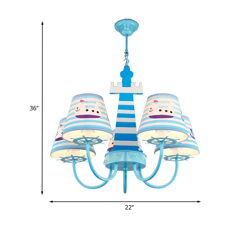 Mediterranean Tapered Fabric Chandelier 5 Bulbs Ceiling Pendant Light in Blue with Boat Pattern