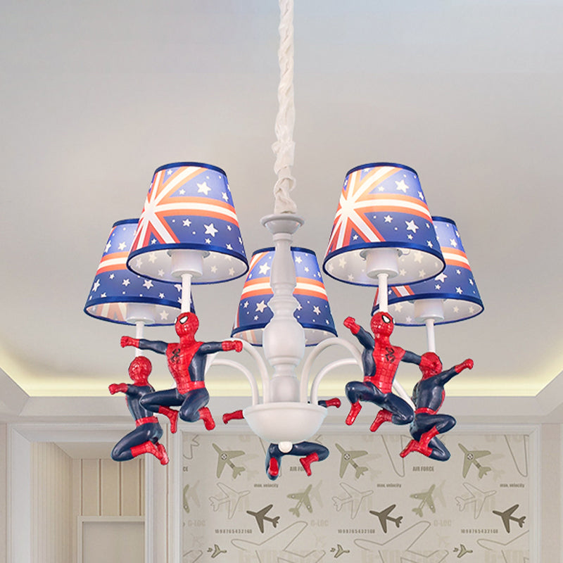 5-Bulb Bedroom Chandelier Lamp Kids Blue Pendant Lighting Fixture with Cone Fabric Shade