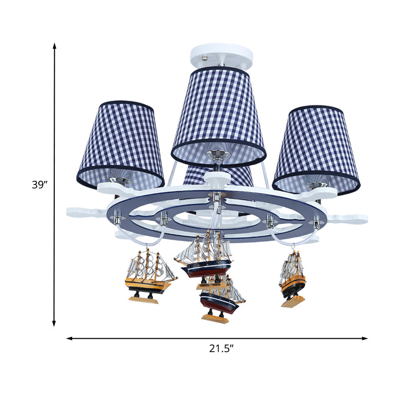 Rudder Chandelier Pendant Light Kids Wooden 4 Heads Blue Hanging Lamp with Boat Decoration