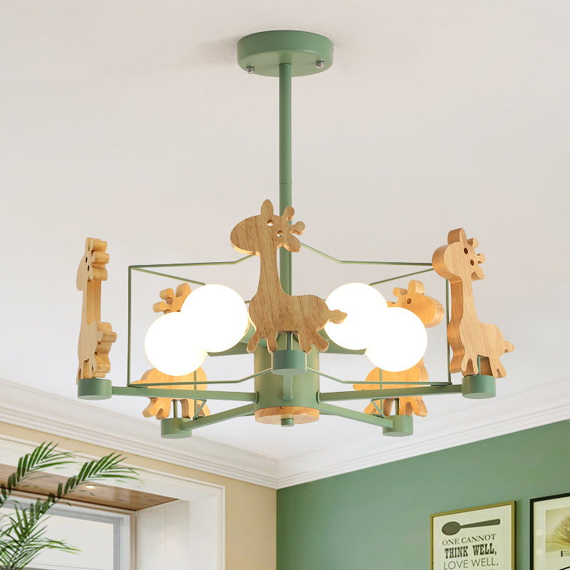 Wooden Giraffe Ceiling Fixture Kids 5 Lights Grey/Pink/Green Semi Flush Mount Light with Star Iron Frame