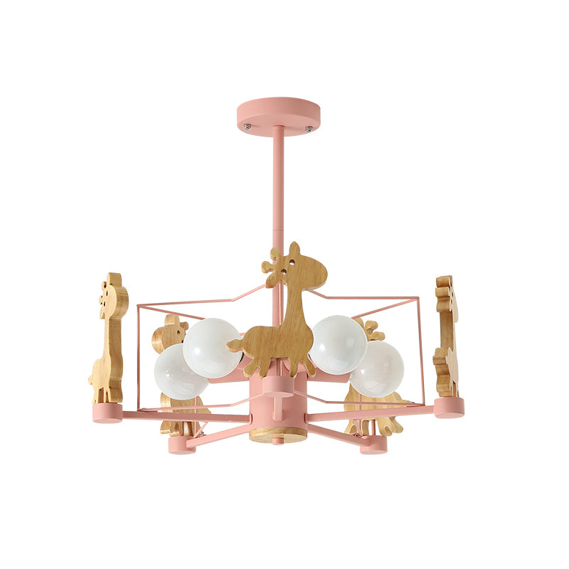 Wooden Giraffe Ceiling Fixture Kids 5 Lights Grey/Pink/Green Semi Flush Mount Light with Star Iron Frame