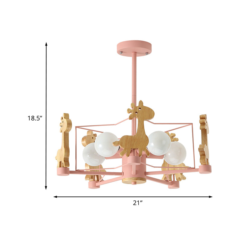 Wooden Giraffe Ceiling Fixture Kids 5 Lights Grey/Pink/Green Semi Flush Mount Light with Star Iron Frame