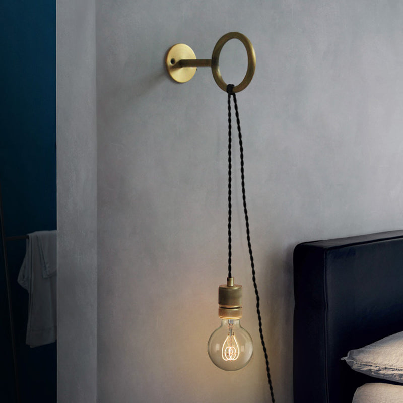 Iluminación de pared de matorral de oro de hierro bombilla desnuda de 1 cabeza de pared colonial lámpara de luz con diseño de anillo